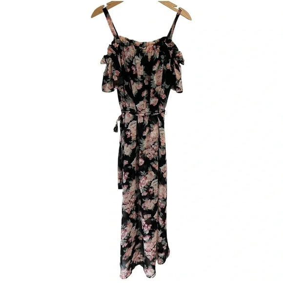 Lily Rose L black white pink floral shorts romper with sheer long train - Picture 2 of 8